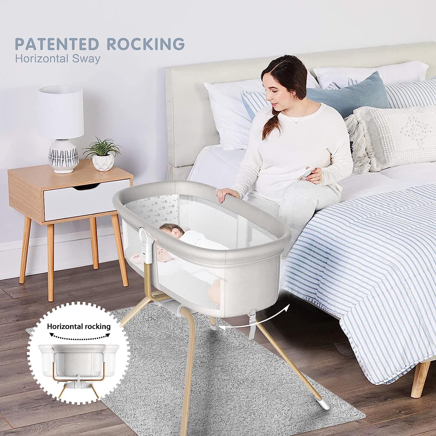 ANGELBLISS rocking mode bassinet promotes soothing rhythms for peaceful naps.