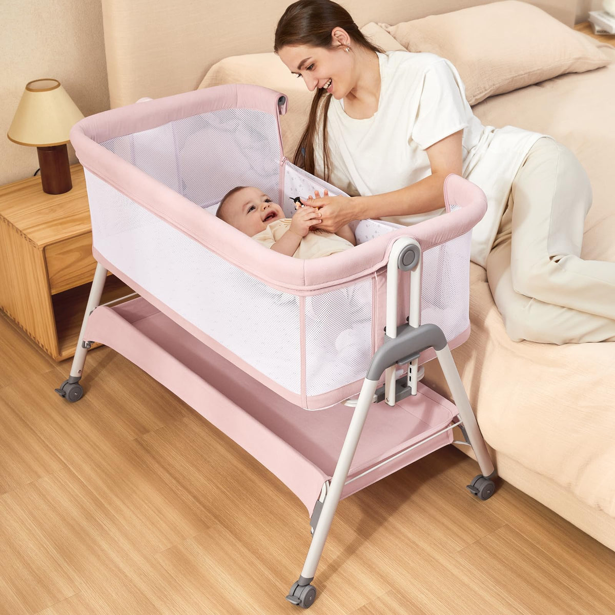 Angelbliss bedside sleeper shown close to bed for safe, comfy newborn care