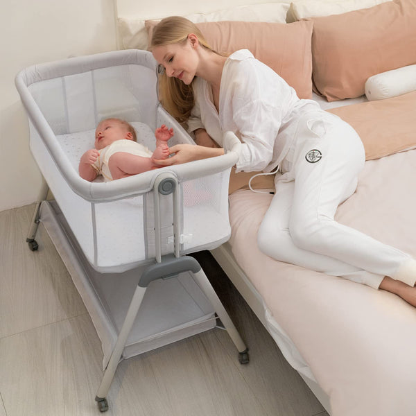 ANGELBLISS bedside sleeper in beige with compact, secure design for close sleep
