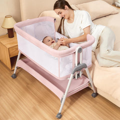 Angelbliss bedside sleeper shown close to bed for safe, comfy newborn care