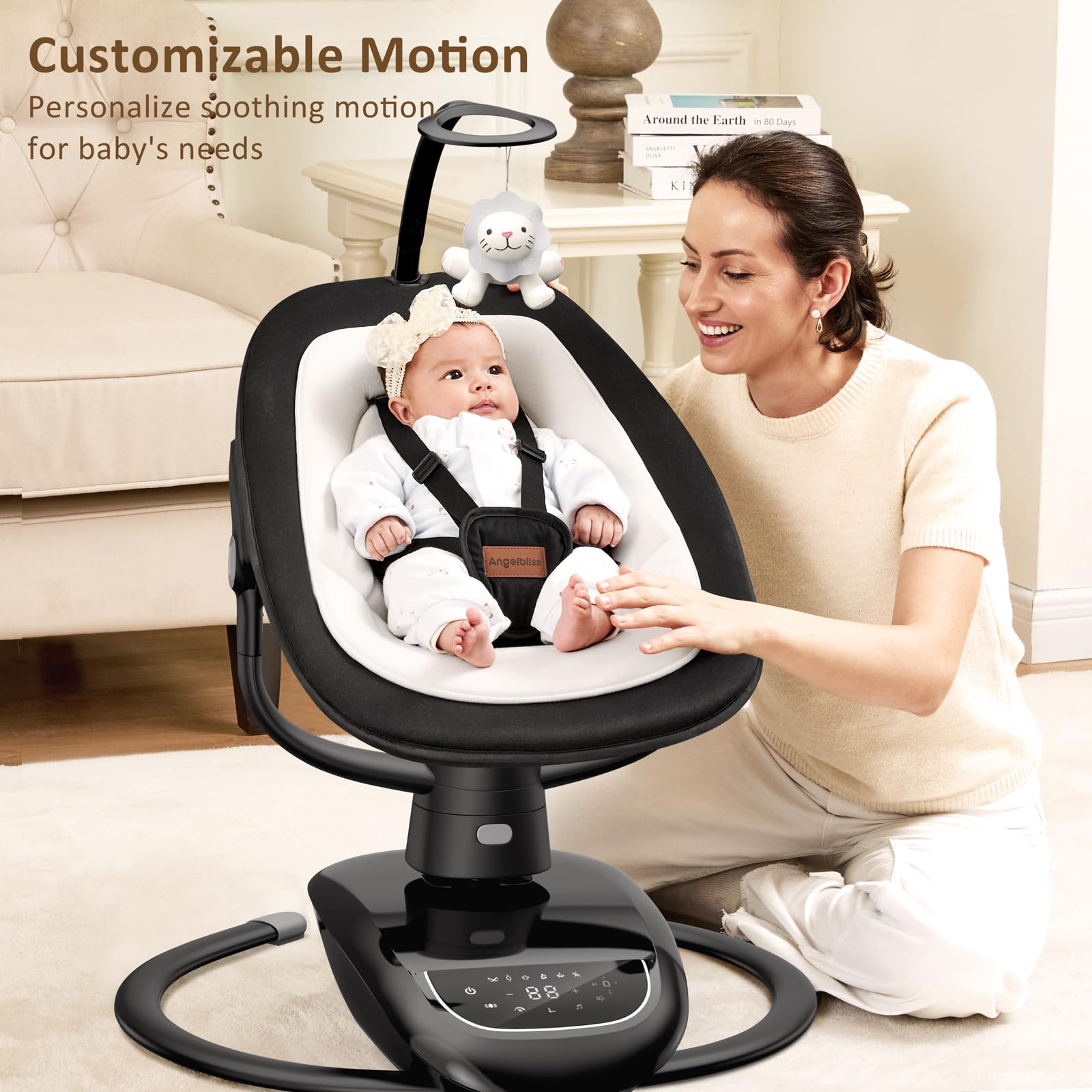 Angelbliss baby swing side view showing 3-position recline for feeding and resting.