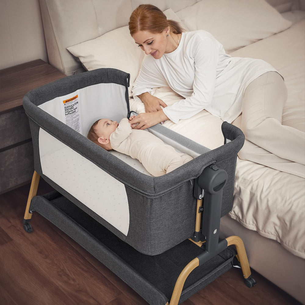 AngelBliss bedside sleeper with 6 height settings for bed compatibility.