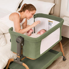 ANGELBLISS bedside sleeper attached to bed enables close-to-parent nighttime feeding.