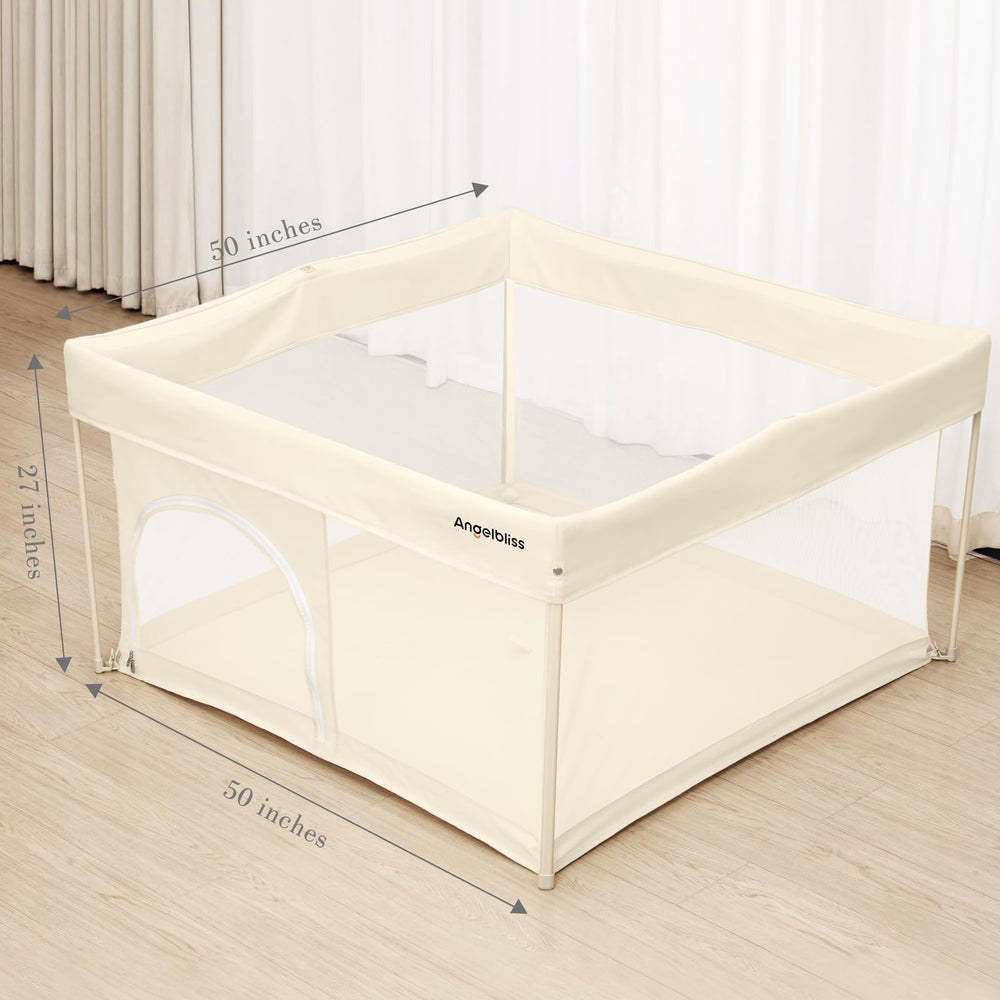 ANGELBLISS beige foldable playpen fits small spaces and is easy to store.