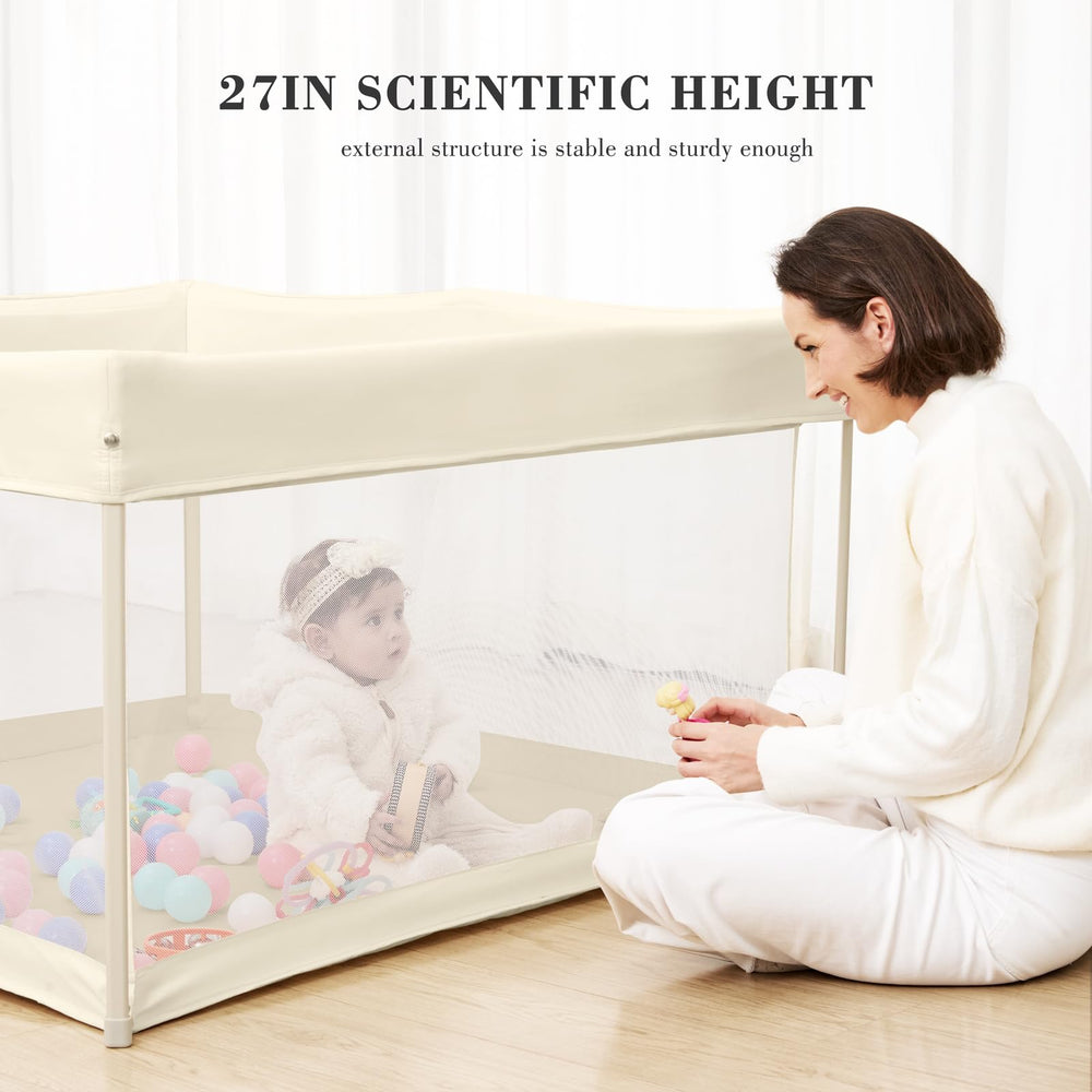 ANGELBLISS foldable playpen interior foam padding cushions tiny bumps during play.