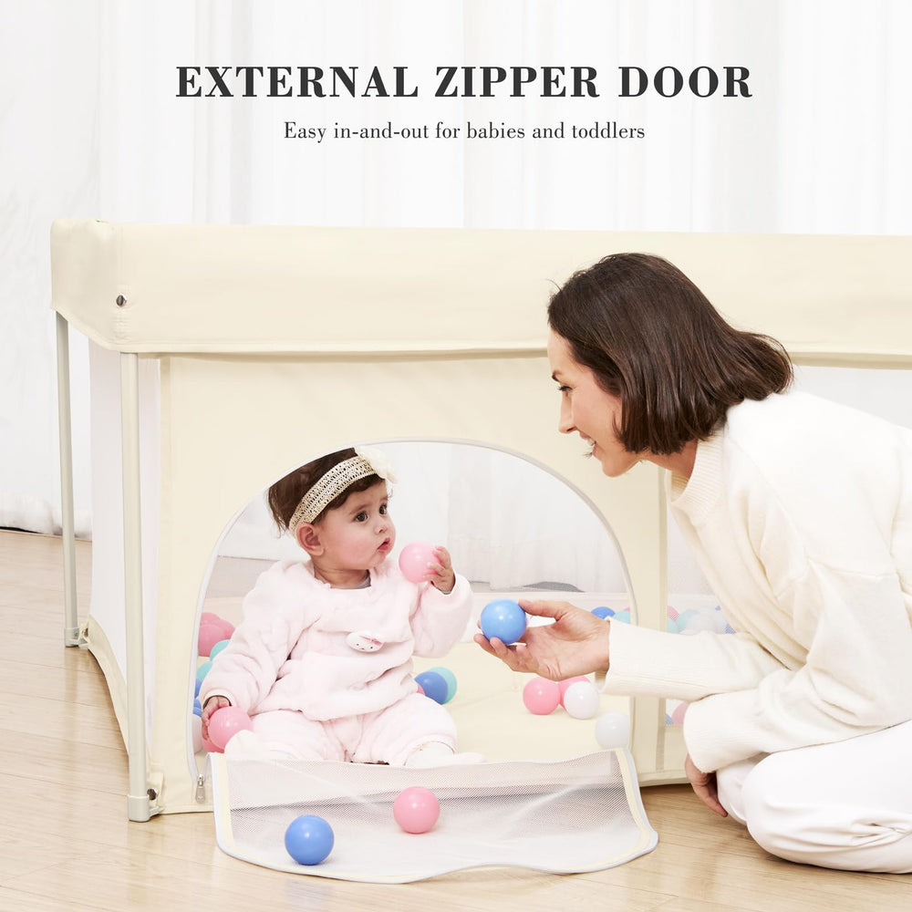 ANGELBLISS foldable playpen with mesh walls offers clear visibility for supervision.