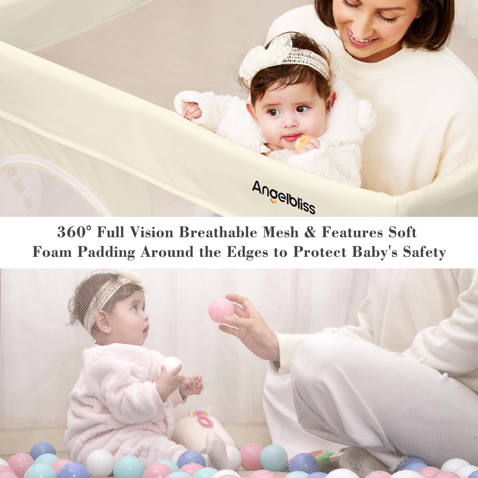ANGELBLISS foldable playpen sturdy steel frame with non-slip base stabilizes active babies.