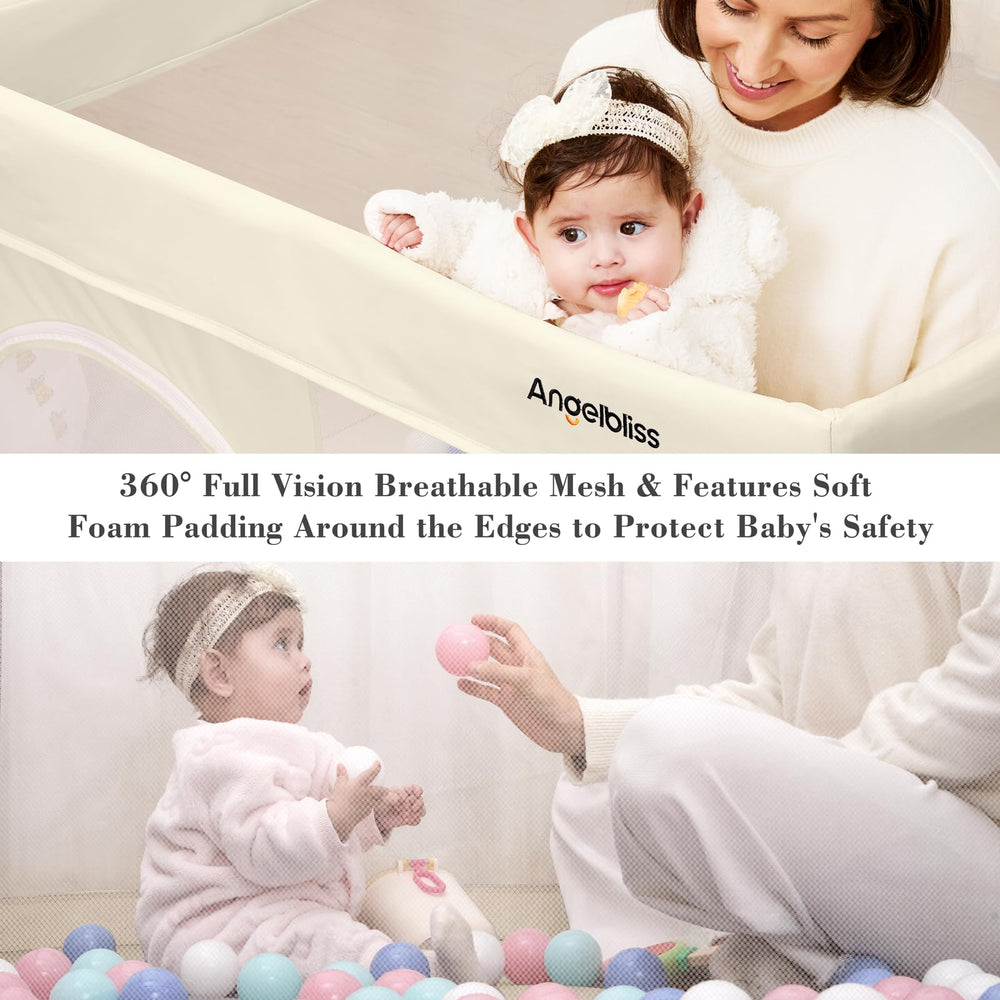ANGELBLISS foldable playpen sturdy steel frame with non-slip base stabilizes active babies.