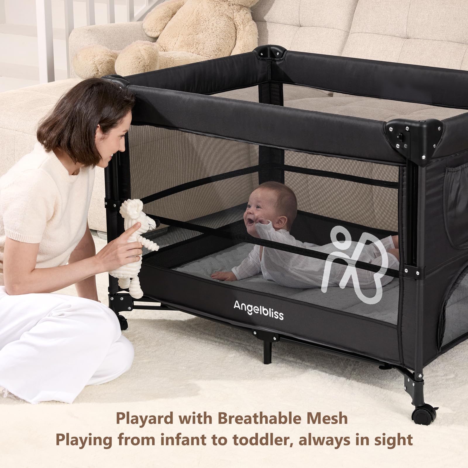 ANGELBLISS playard with wheels for easy movement around home.
