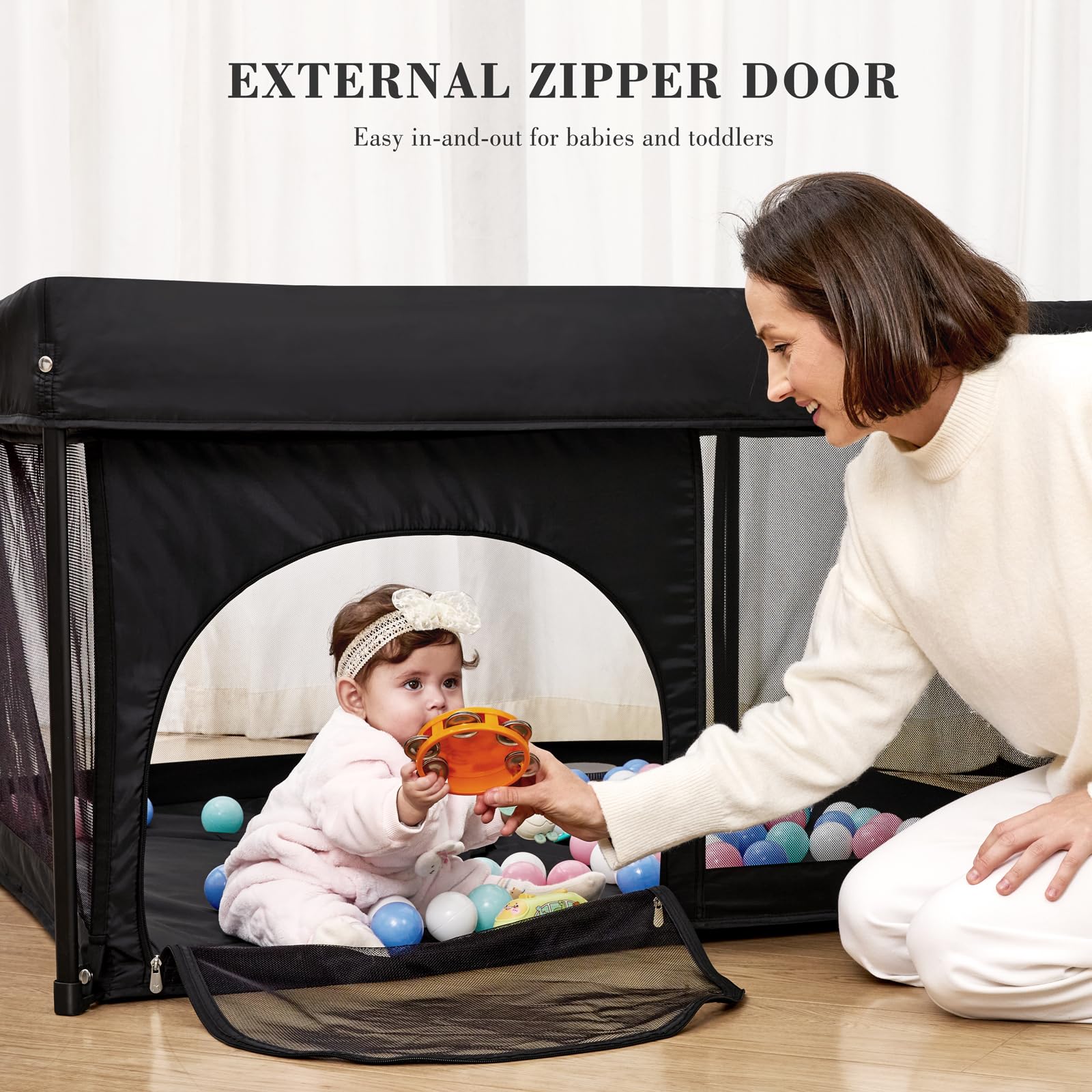 ANGELBLISS safety lock zipper ensures secure enclosure while toddlers explore.
