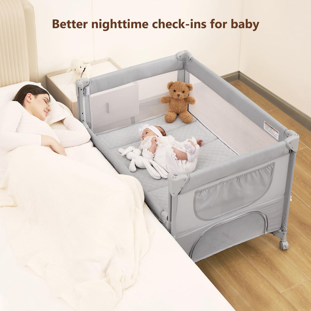 ANGELBLISS adjustable-height side panel supports close baby checks.