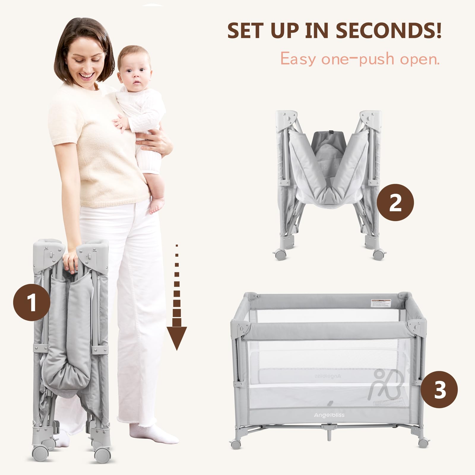 ANGELBLISS breathable mesh playard offers visibility and airflow.