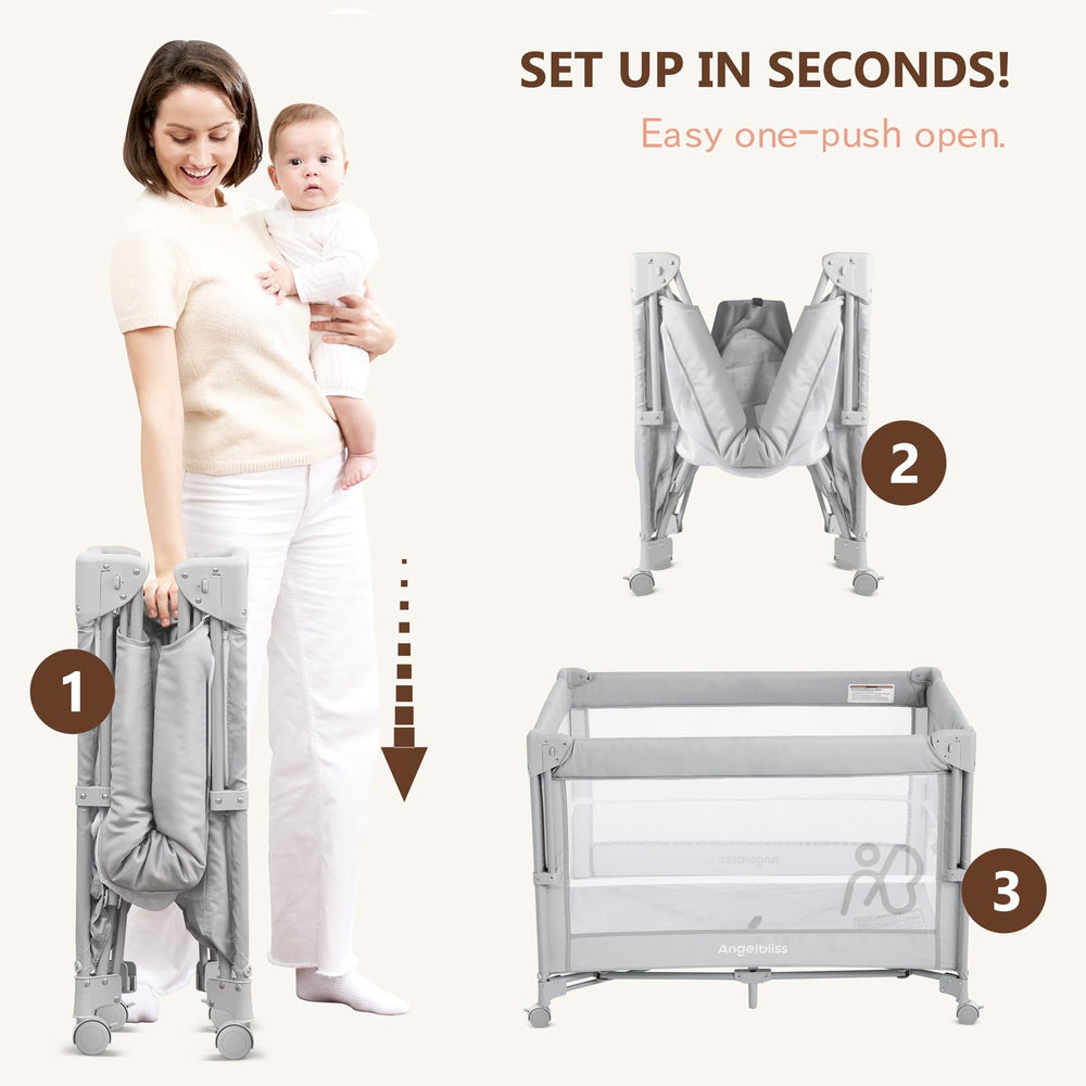 ANGELBLISS breathable mesh playard offers visibility and airflow.