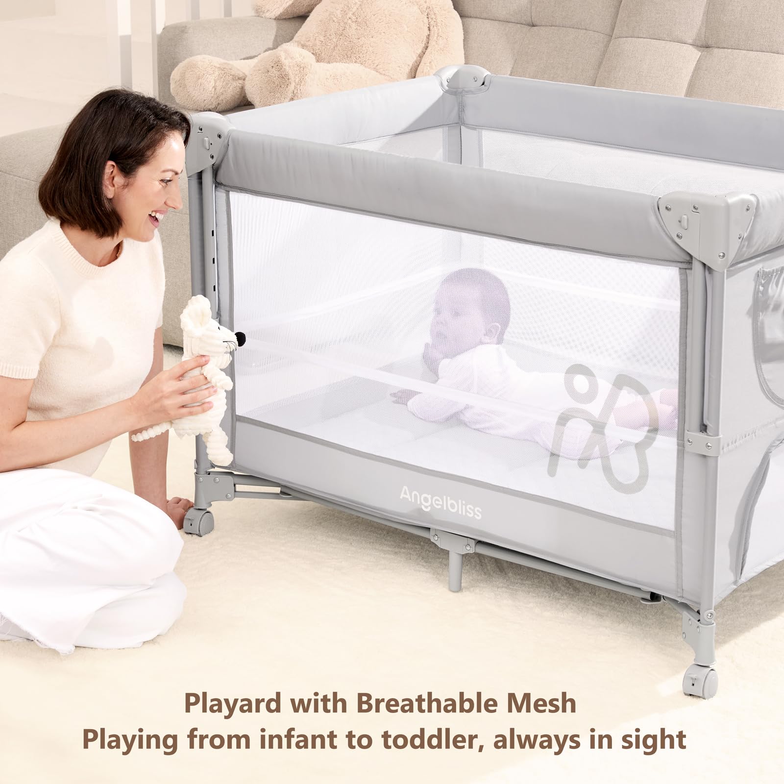 ANGELBLISS playard with wheels enables effortless moving around.