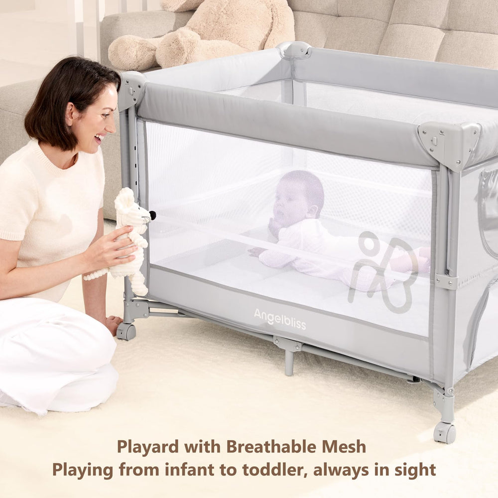 ANGELBLISS playard with wheels enables effortless moving around.