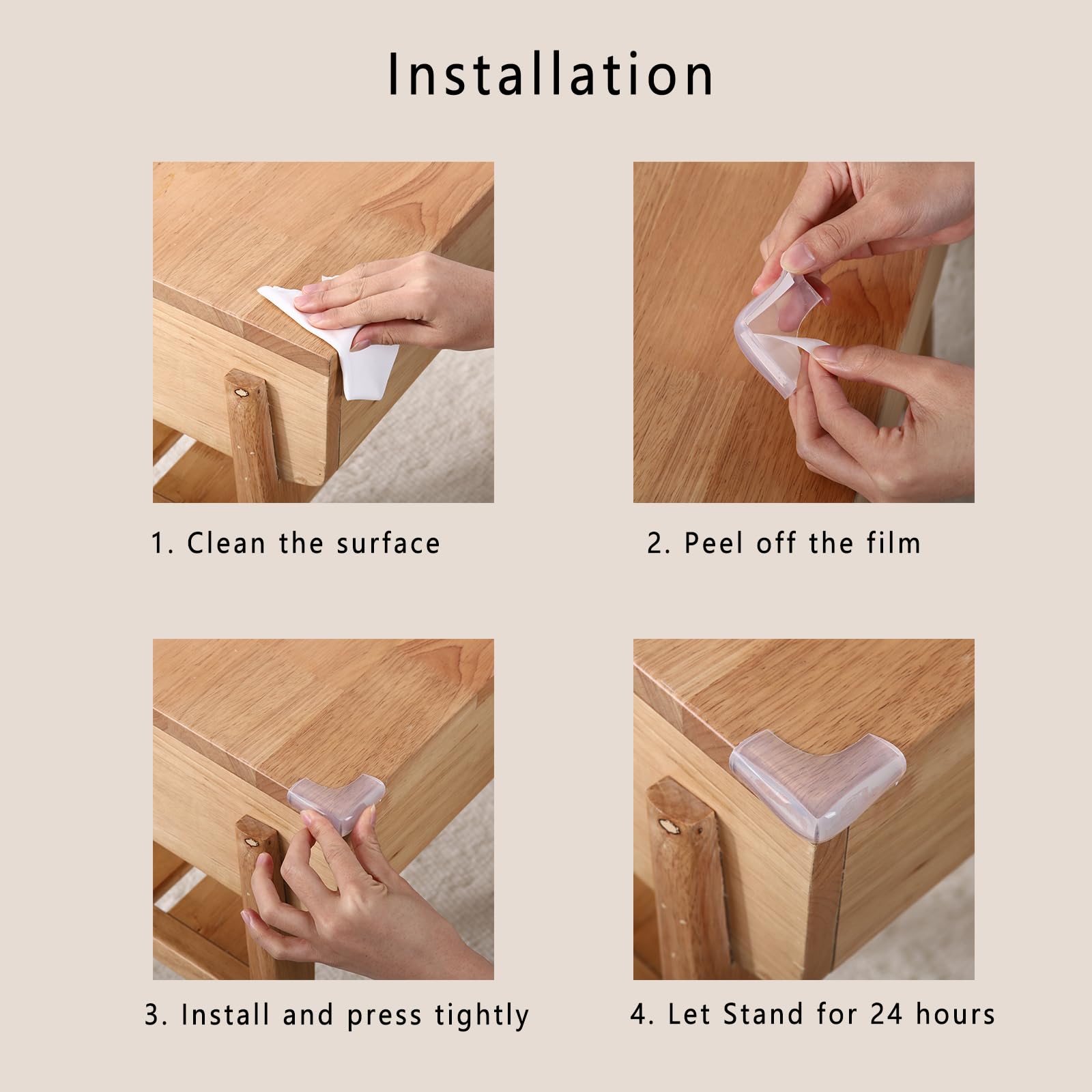 Angloria corner protector on cabinet corner helps prevent furniture damage