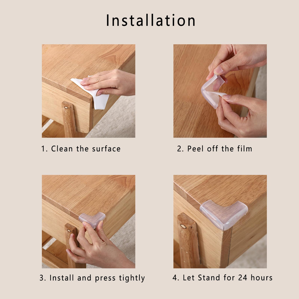 Angloria corner protector on cabinet corner helps prevent furniture damage