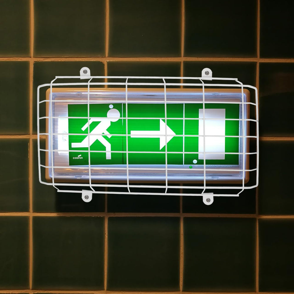 Angoily Iron Exit Sign Cover in school hallway illustrates protective guard for emergency lighting
