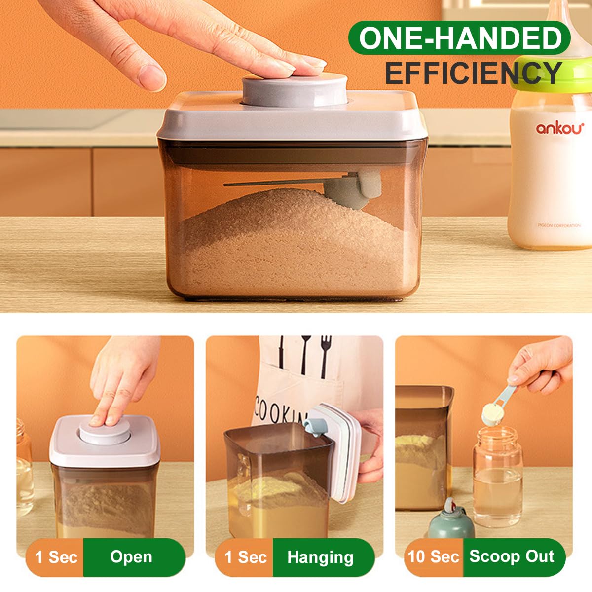 Ankou one-button lid dispenser for quick access to formula.