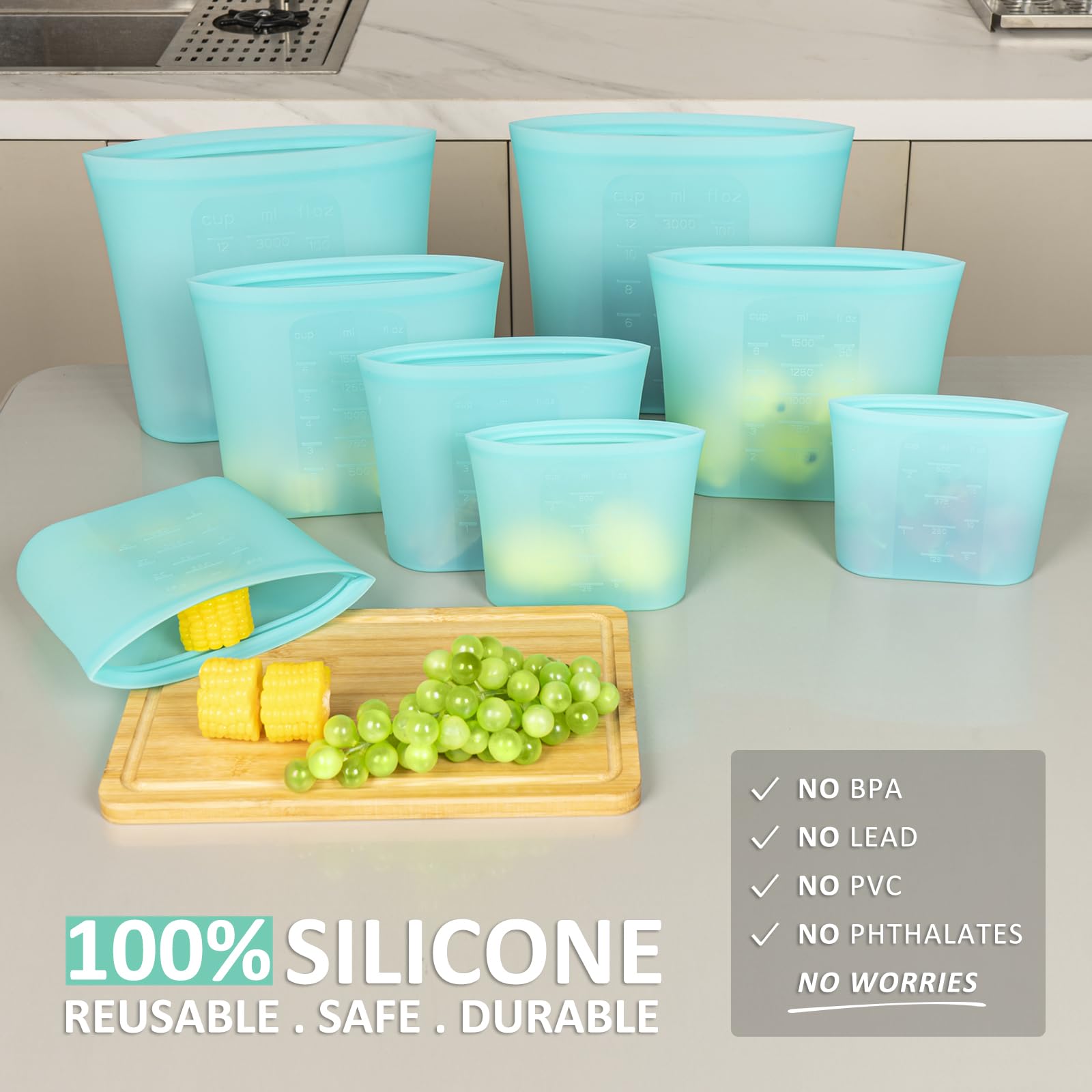 Annaklin silicone bags with stand-up design for easy access during meal prep.