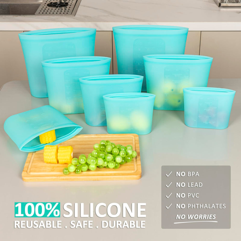 Annaklin silicone bags with stand-up design for easy access during meal prep.