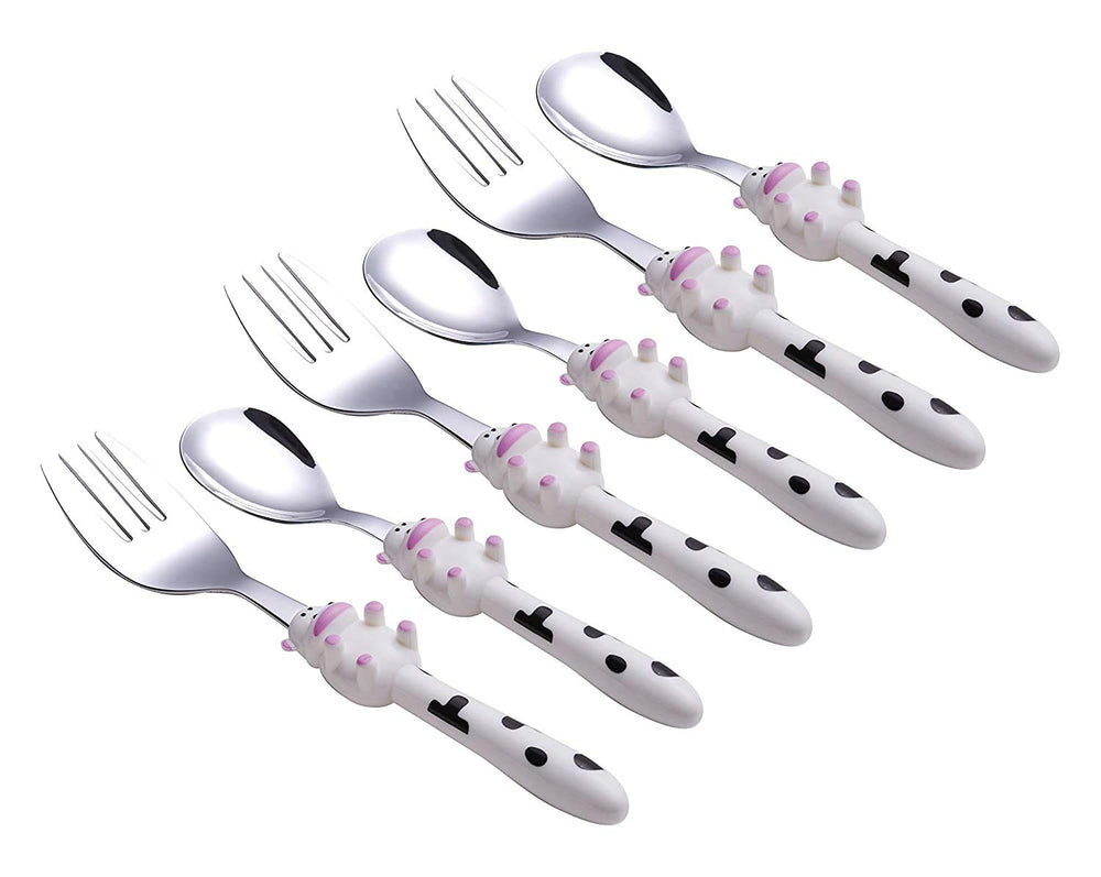 Annova table setting with cow utensils supports independent eating rituals.