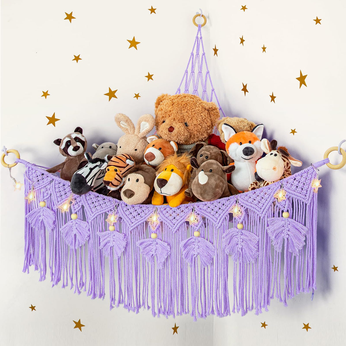 ANROYE macrame stuffed animal storage with star light in purple bear theme for nursery display