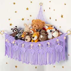 ANROYE macrame stuffed animal storage with star light in purple bear theme for nursery display
