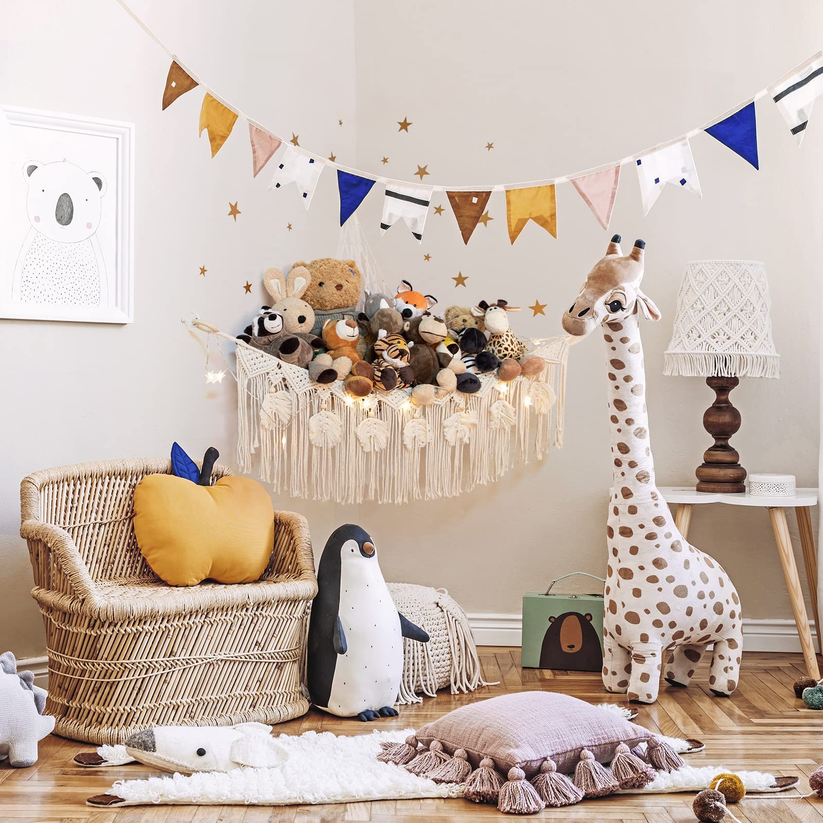 ANROYE macrame hammock tassel-edged adds boho charm while storing plush toys