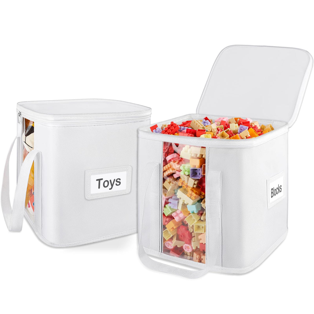ANROYE toy cube storage bin front view with clear window for quick toy identification.