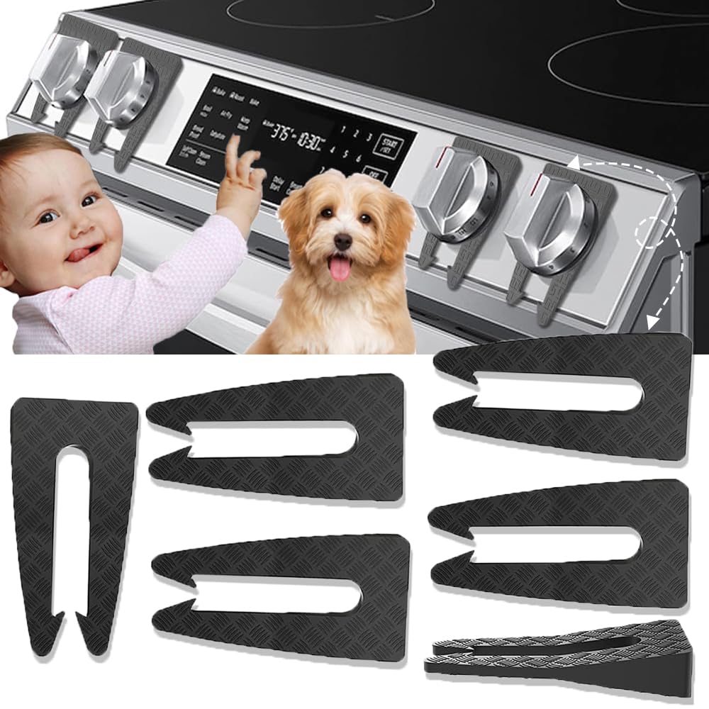Anserdrm safety stove knob covers in a 6-pack installed on a gas stove for child safety.