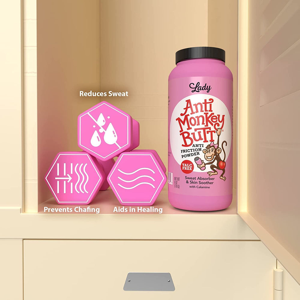 Anti Monkey Butt Lady Powder application on skin highlights gentle, feminine formula for daily comfort.