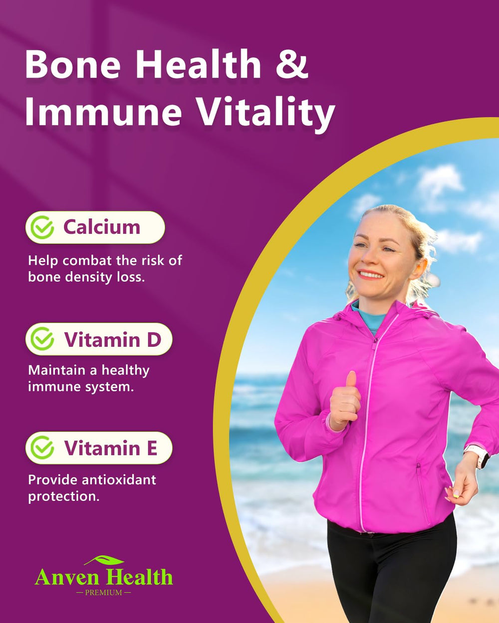 Anven Health Calcium Vitamin D bottle emphasizes bone health and density.