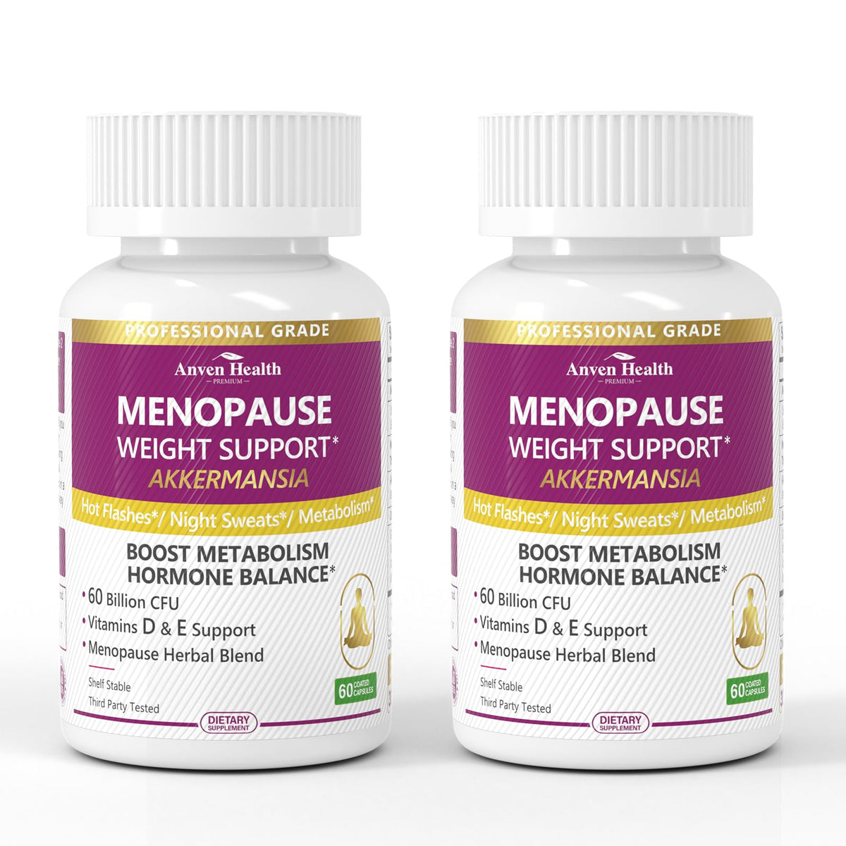 Anven Health Menopause bottle close-up highlighting capsule-form balance support.