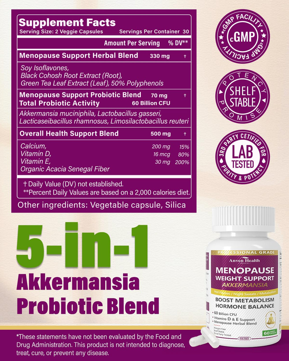 Anven Health probiotic bottle label highlights gut health and vitality.