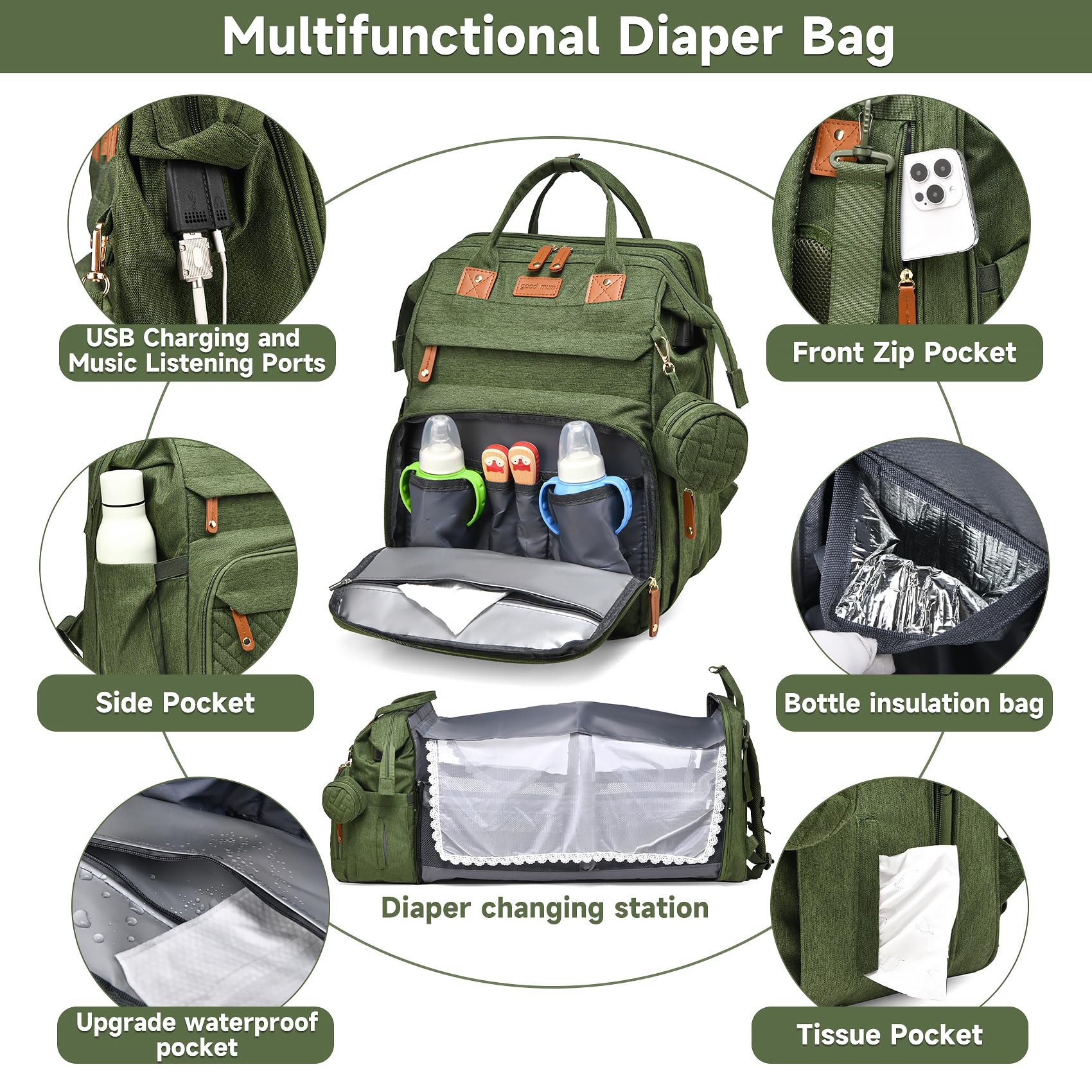 ANWTOTU army green bag with insulated bottle pockets for temperature control