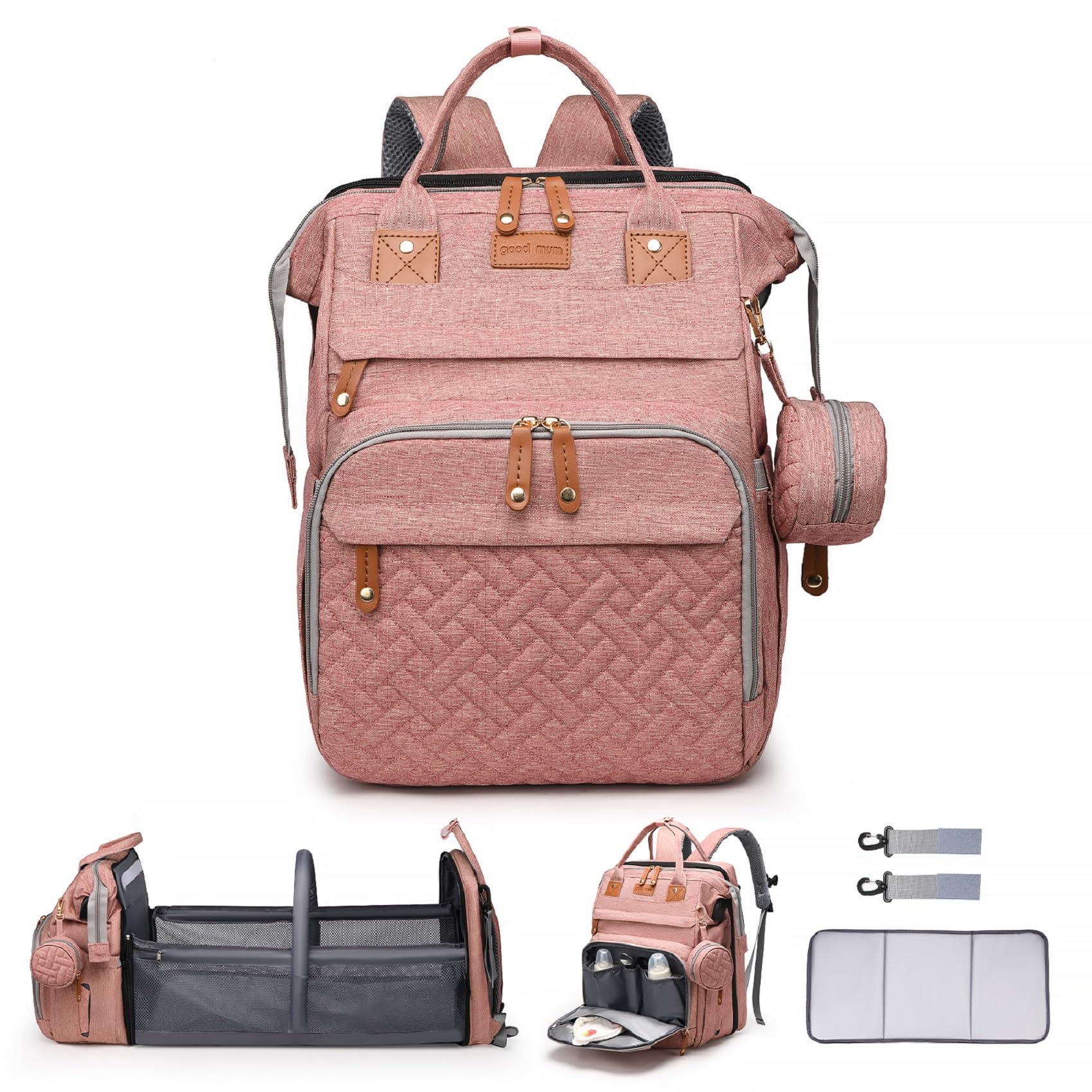 ANWTOTU pink diaper bag, front view, roomy storage for daily essentials
