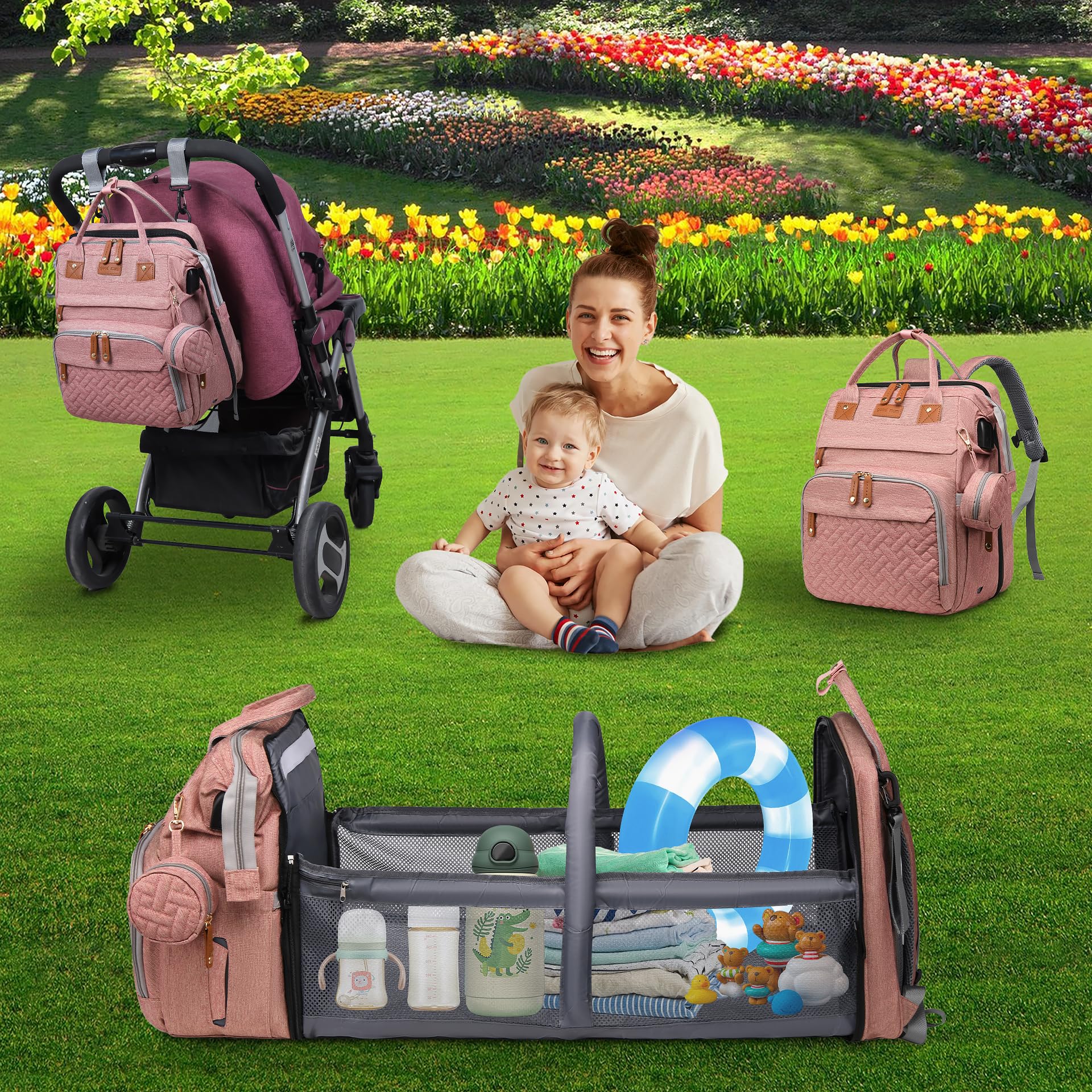 ANWTOTU diaper bag with stroller buckles for hands-free travel