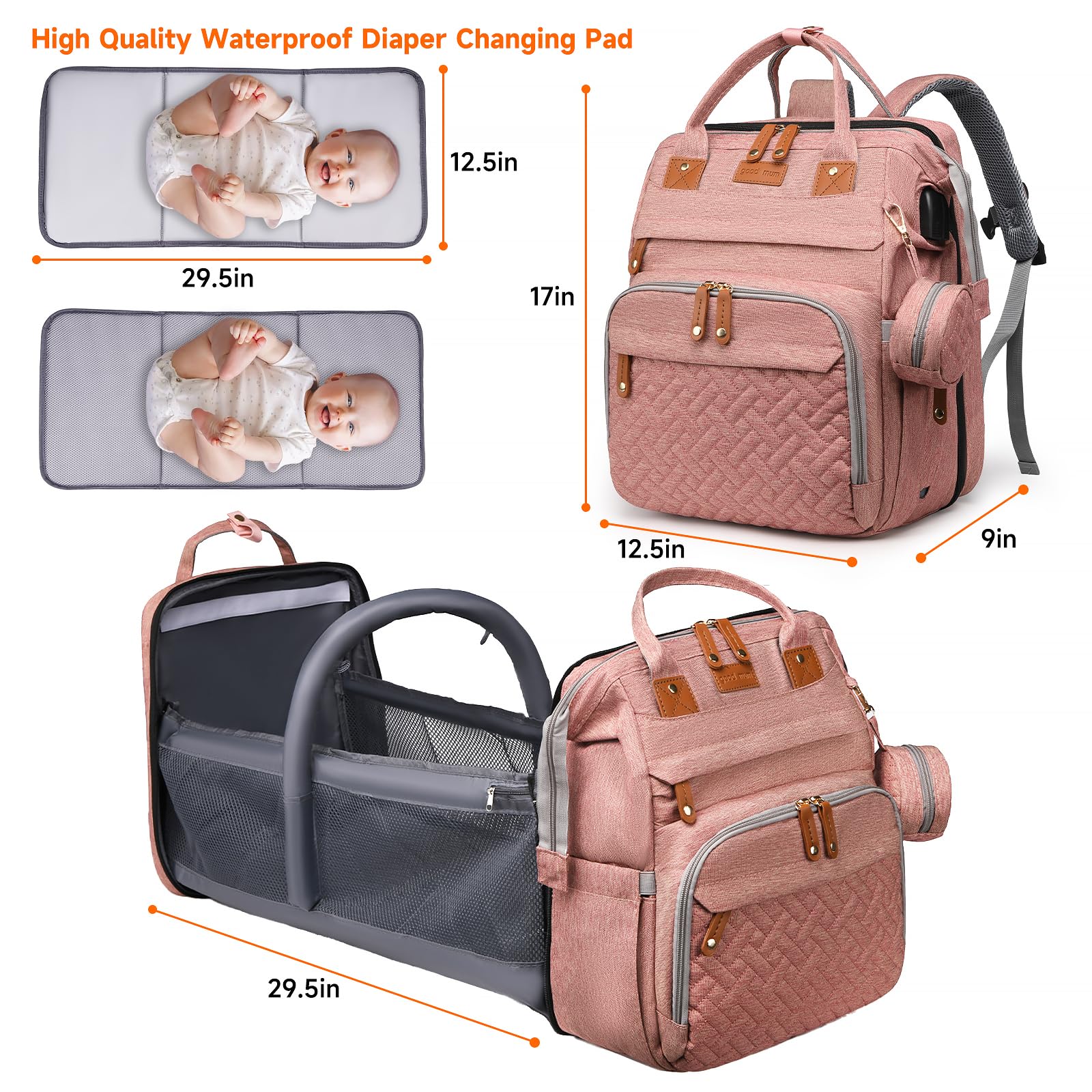 ANWTOTU pink diaper bag with USB port for on-the-go charging