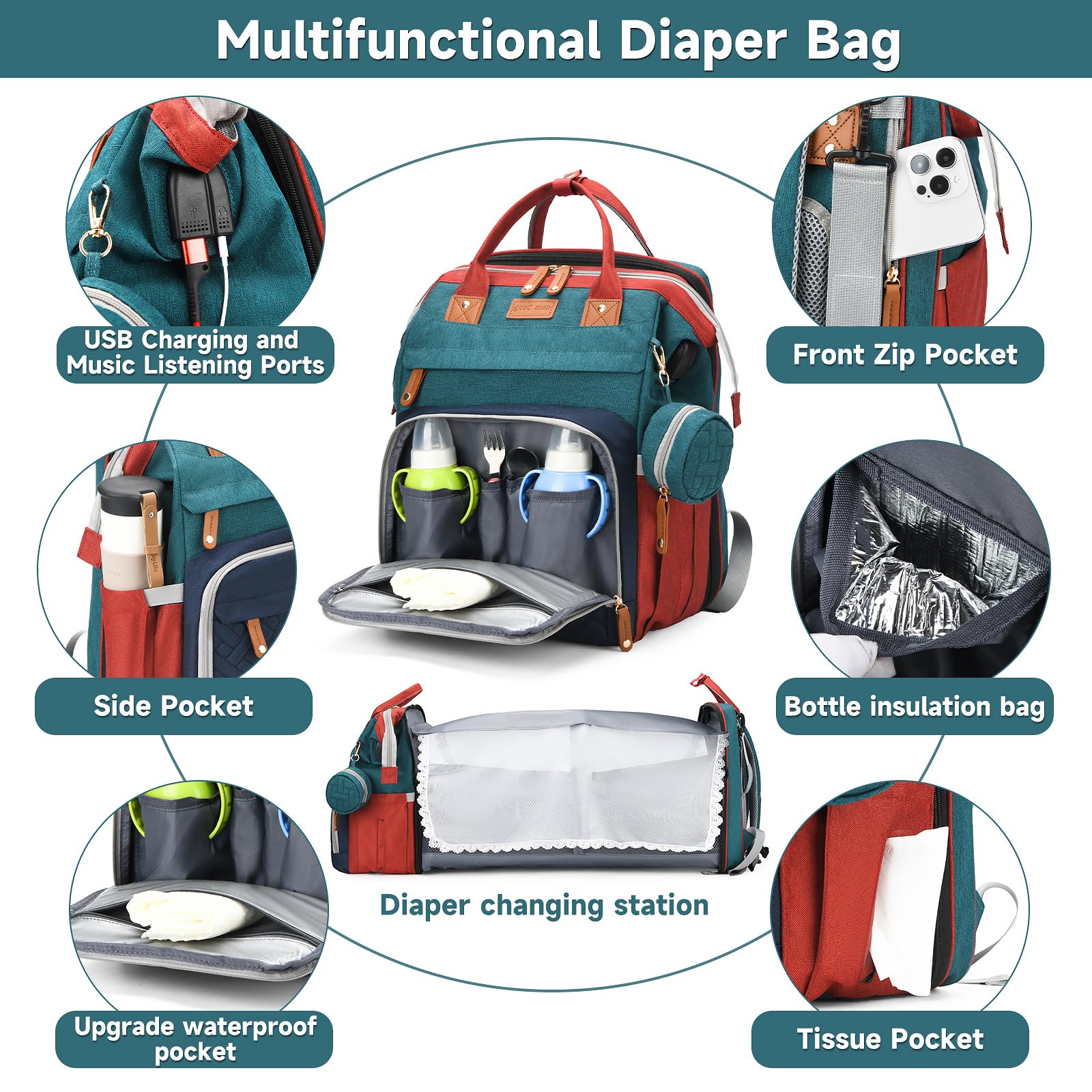 ANWTOTU diaper bag backpack with 19 pockets for organized storage on trips.
