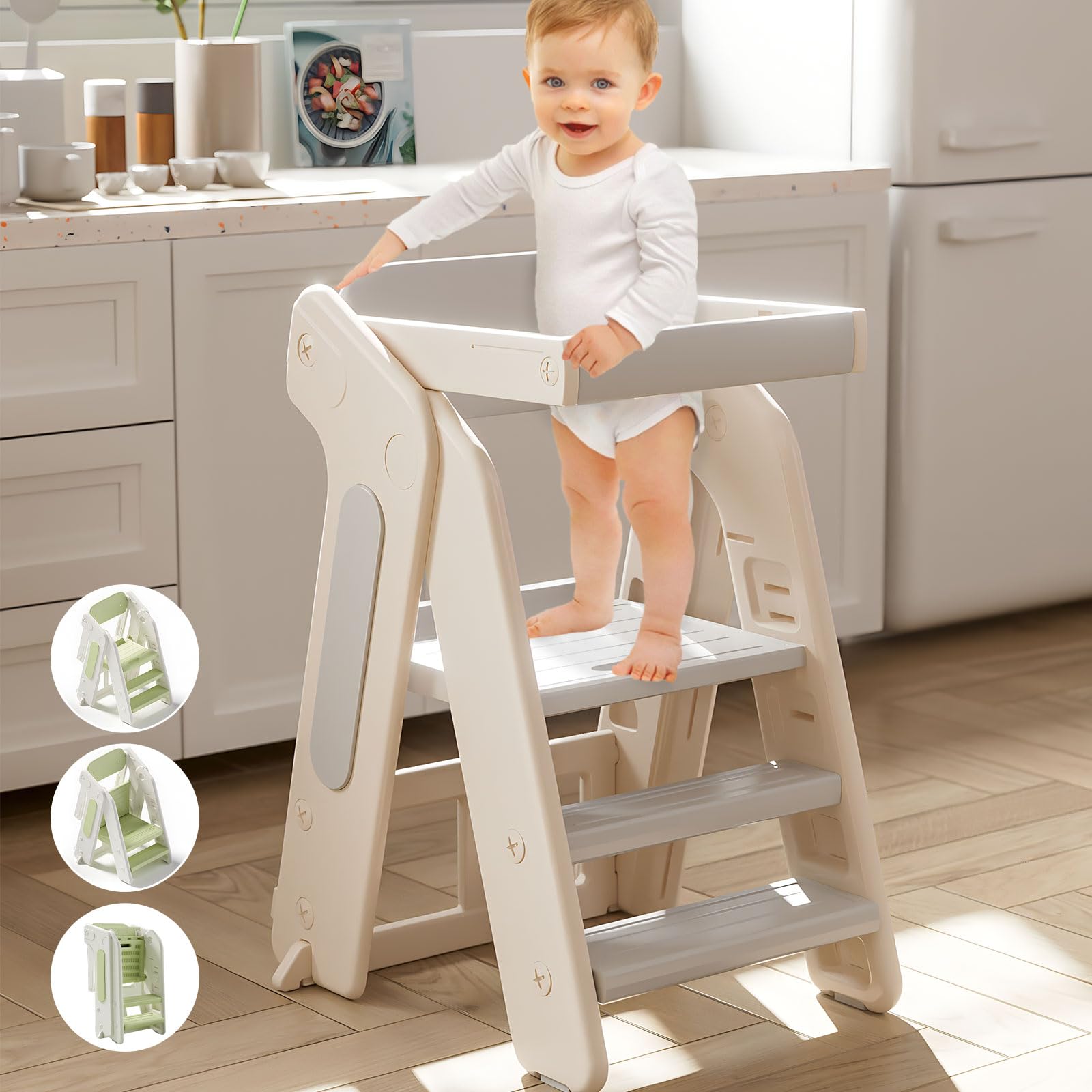 Anxeit Toddler Tower folded for compact storage and quick setup.