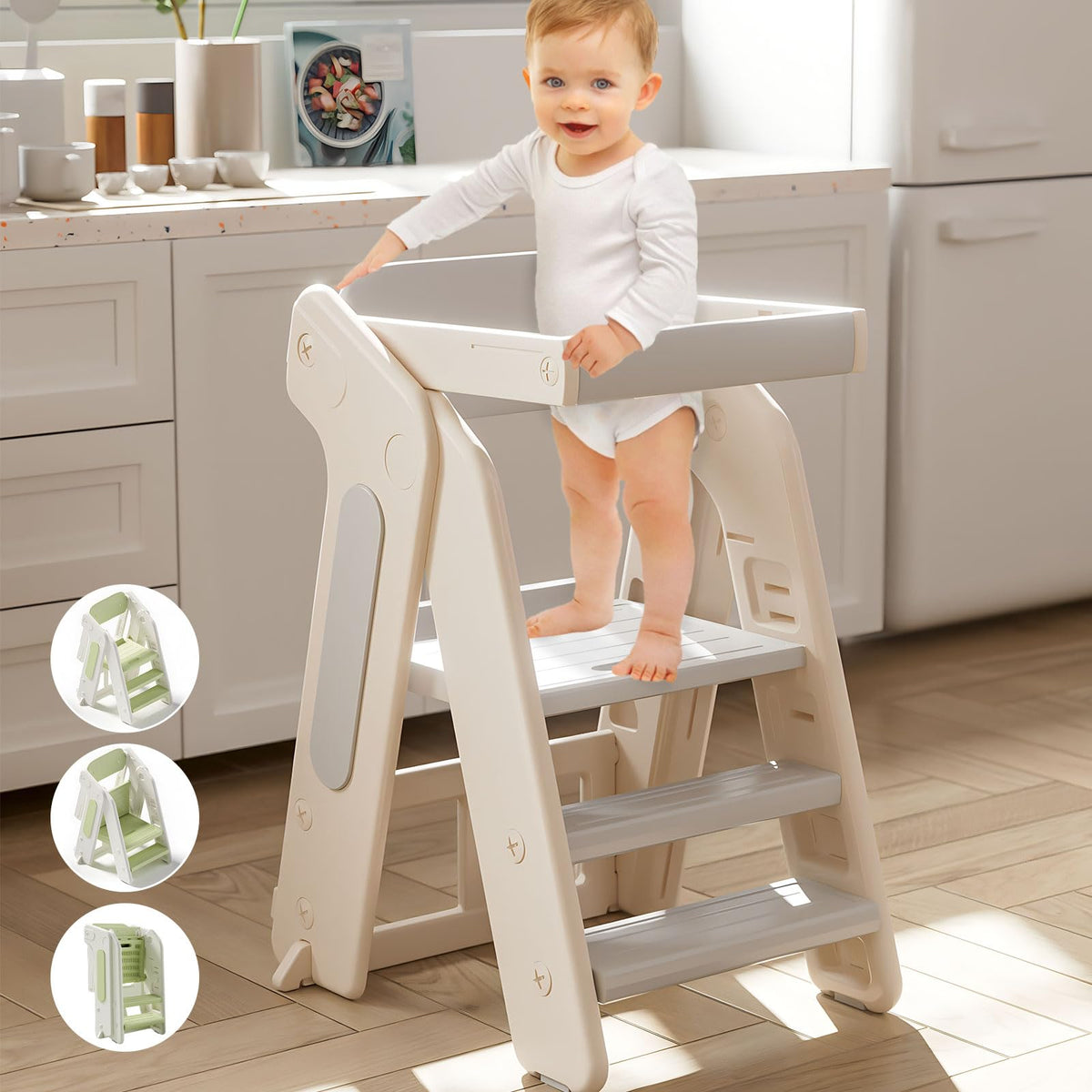 Anxeit Toddler Tower folded for compact storage and quick setup.