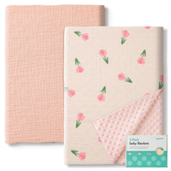 ANYEDDE pink floral 2-pack blanket set for soft, breathable comfort on the go.