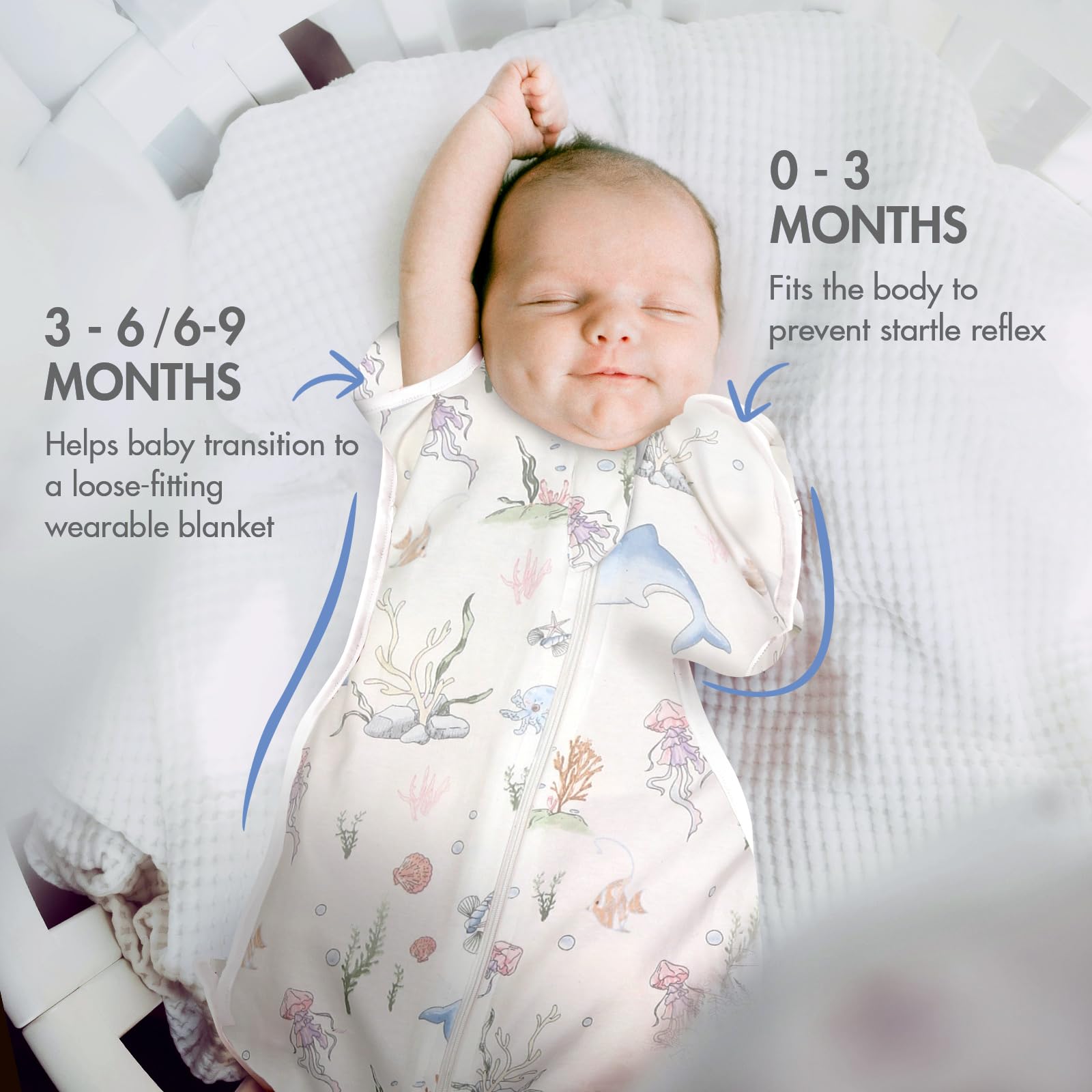 ANYEDDE swaddle blue dolphin with cuffs open for transition to wearable blanket.