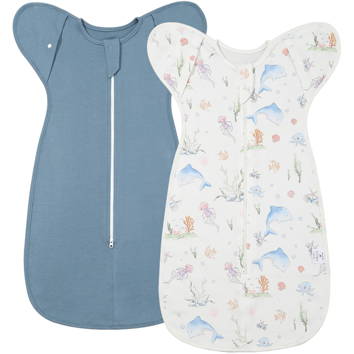 ANYEDDE arms-up swaddle in blue dolphin, front view showing secure fit for baby.