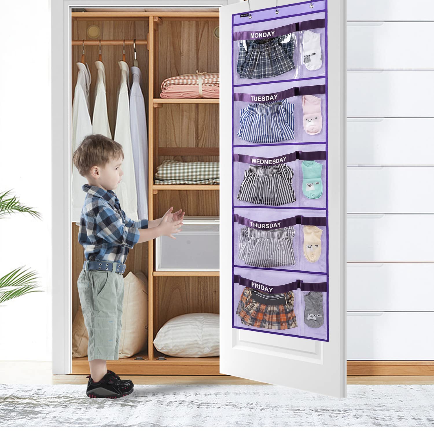 ANZORG clear pocket organizer shows five large pockets for easy outfit planning