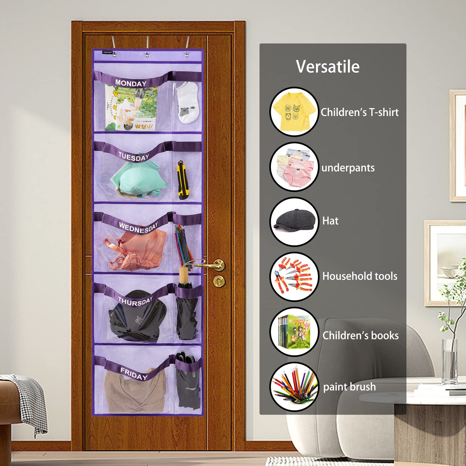 ANZORG door hanging organizer in purple keeps outfits visible at a glance