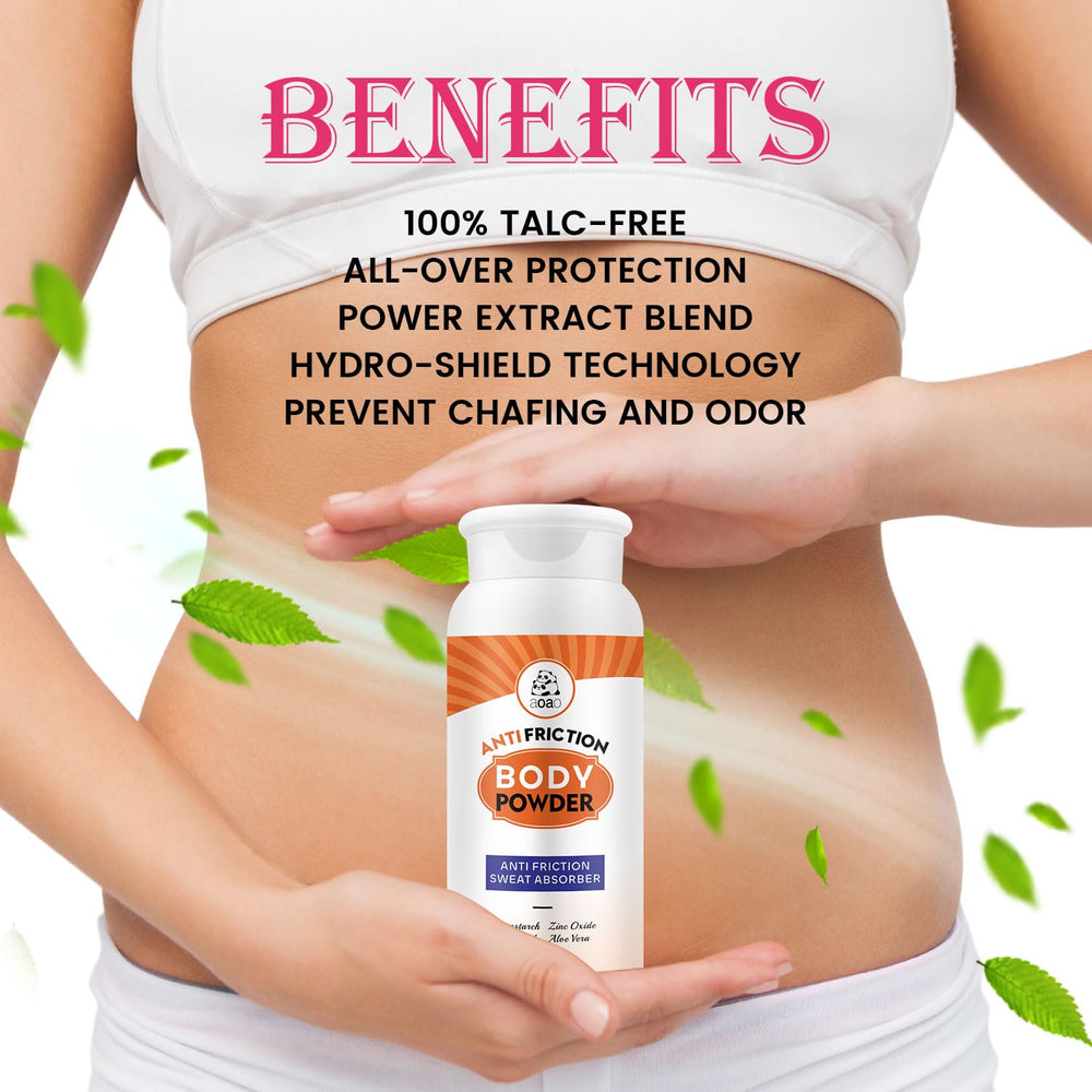 AOAO talc-free powder on thighs to reduce chafing and friction.