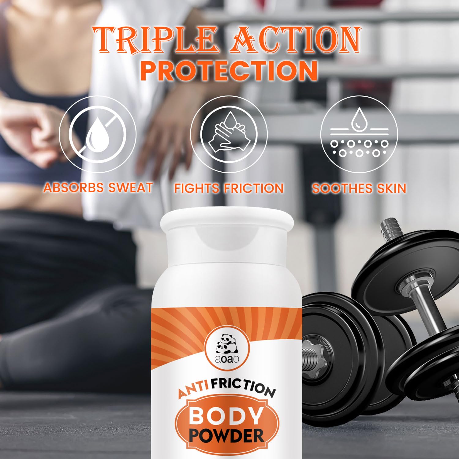 AOAO talc-free powder in sports bag for all-day dryness.