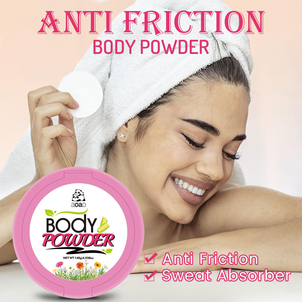 AOAO body powder with aloe chamomile soothing extracts on skin